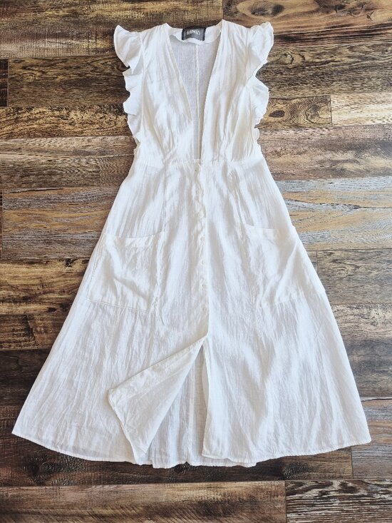 Reformation Dresses & Skirts - Reformation Linen Ruffle Sleeveless Deep V-Neck Midi Dress Button-Front Pocket